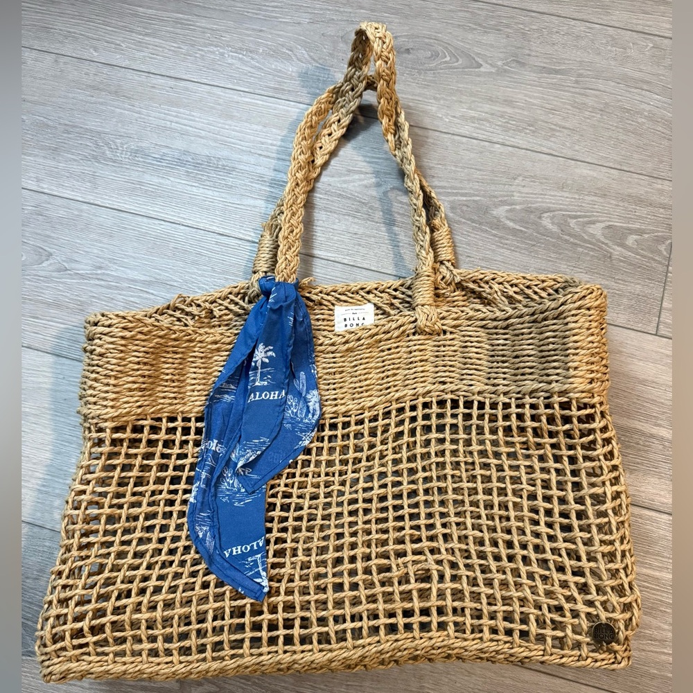 Billabong Woven Tan Tote Bag with Blue Tie Accent